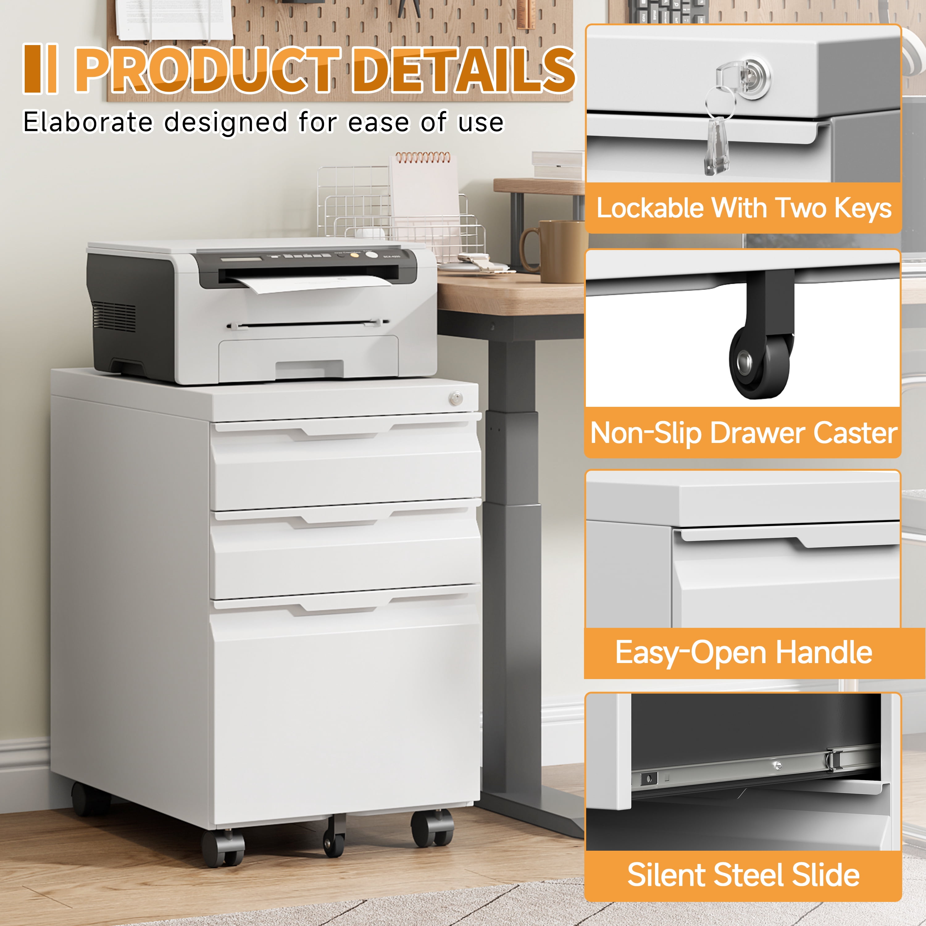 Mobile File Cabinet for Home Office, 3-Drawer Under Desk Filing Cabinet with Lock, Vertical Metal Storage Cabinet On Wheels for Legal/Letter/A4 Files(14.6''W-3 Drawers-Mobile,White)