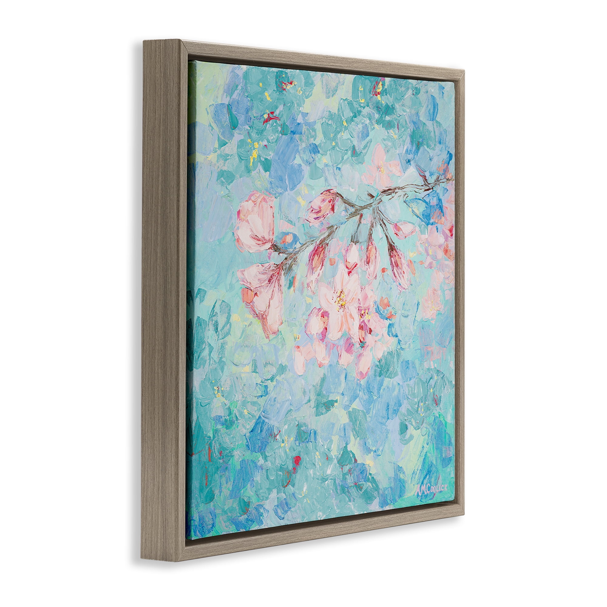Stupell Industries Cherry Blossoms on Blue Plants & Flowers Painting Brown Floater Framed Canvas Art Print Wall Art, 25 x 25