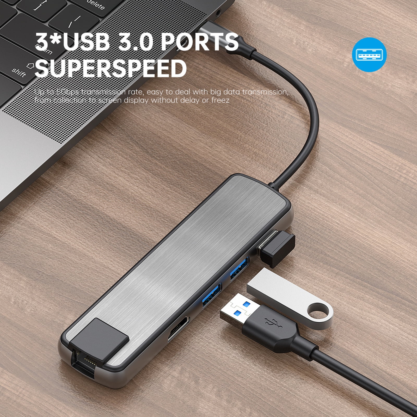 USB C Docking Station 6 in 1 Auminum USB C to USB3.0 PD60W Gigabits Ethernet Port 3x USB3.0 Adapter for Laptops