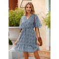 thumbnail image 3 of Maskion Women's Summer Casual Floral Dress Cross V Neck Ruffle Short Sleeve Flowy Mini Wedding Dresses with Belt,XL Dark Blue, 3 of 6