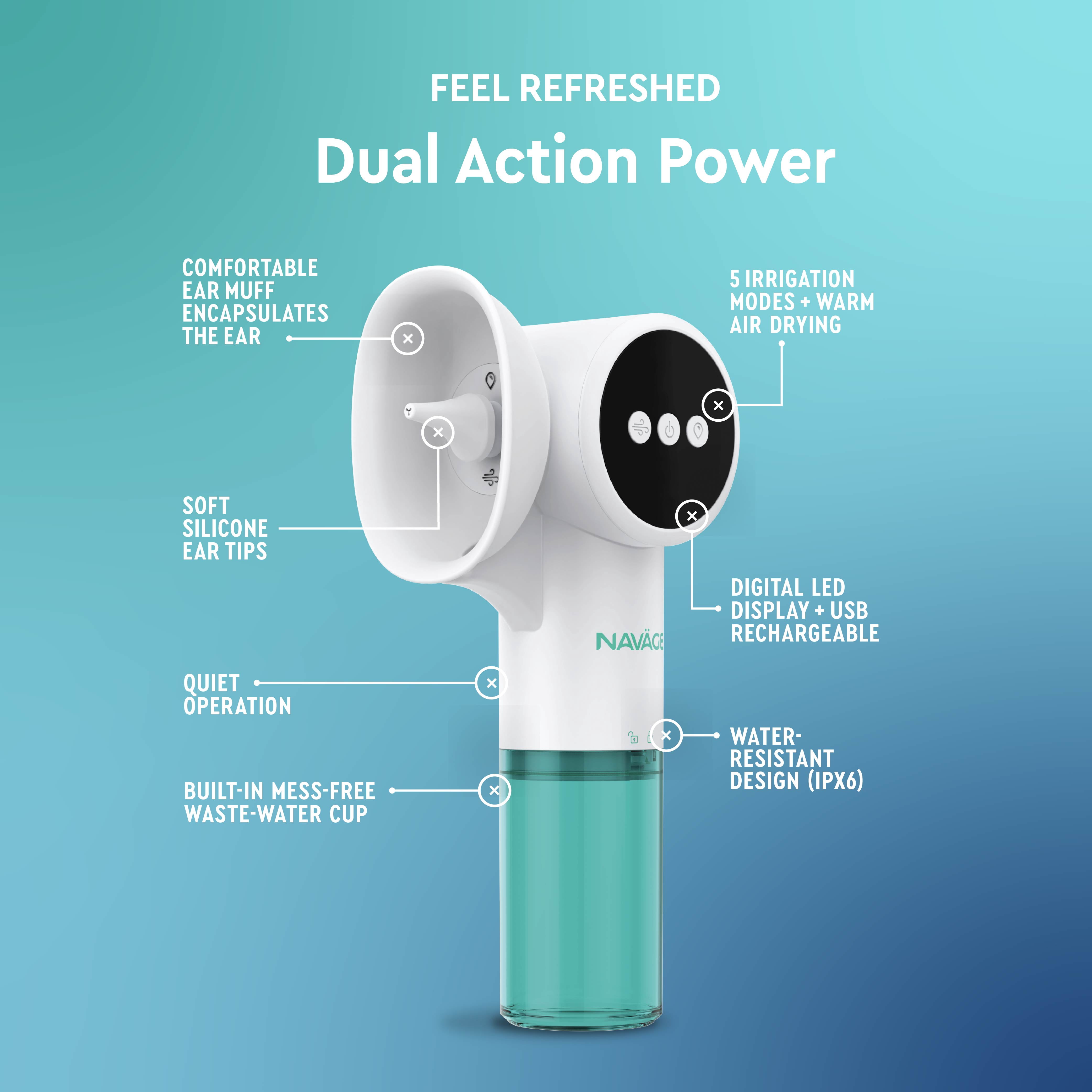 Navage Dual Action Ear Cleaner & Dryer System, Rechargeable, 5 Pressure Modes, For Ages 6+, Includes 2 Tips