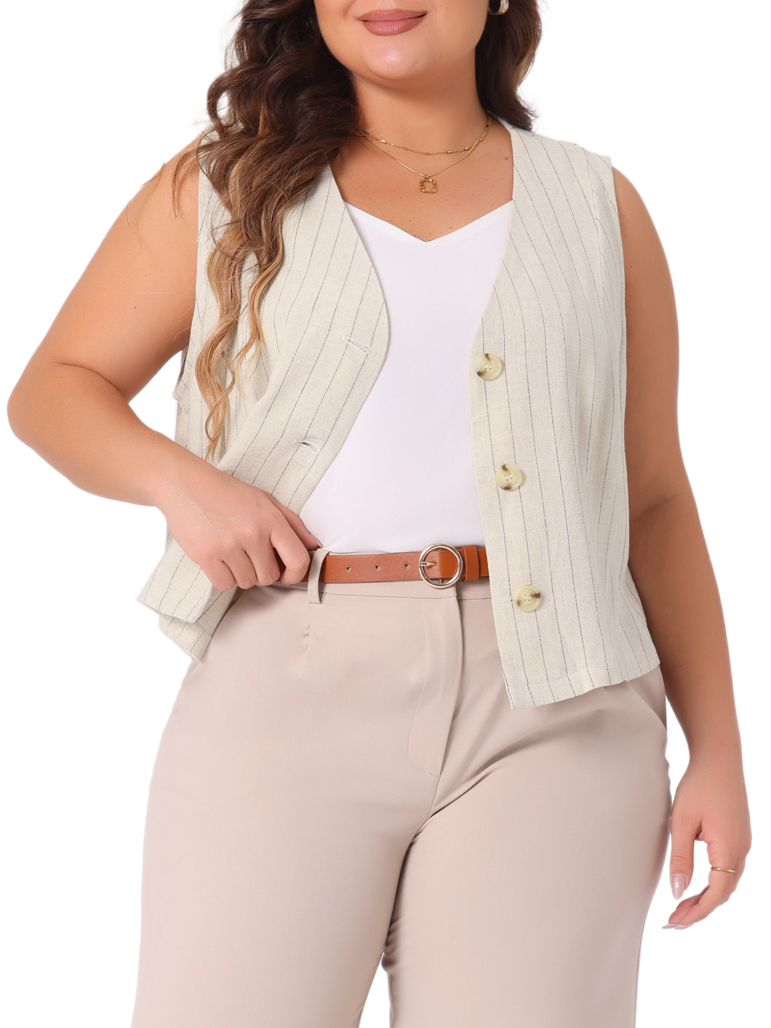 DARING DIVA Women's Plus Linen Vest Sleeveless Button Down V Neck Crop Top 1X Beige