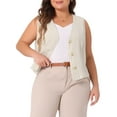 thumbnail image 2 of DARING DIVA Women's Plus Linen Vest Sleeveless Button Down V Neck Crop Top 1X Beige, 2 of 6