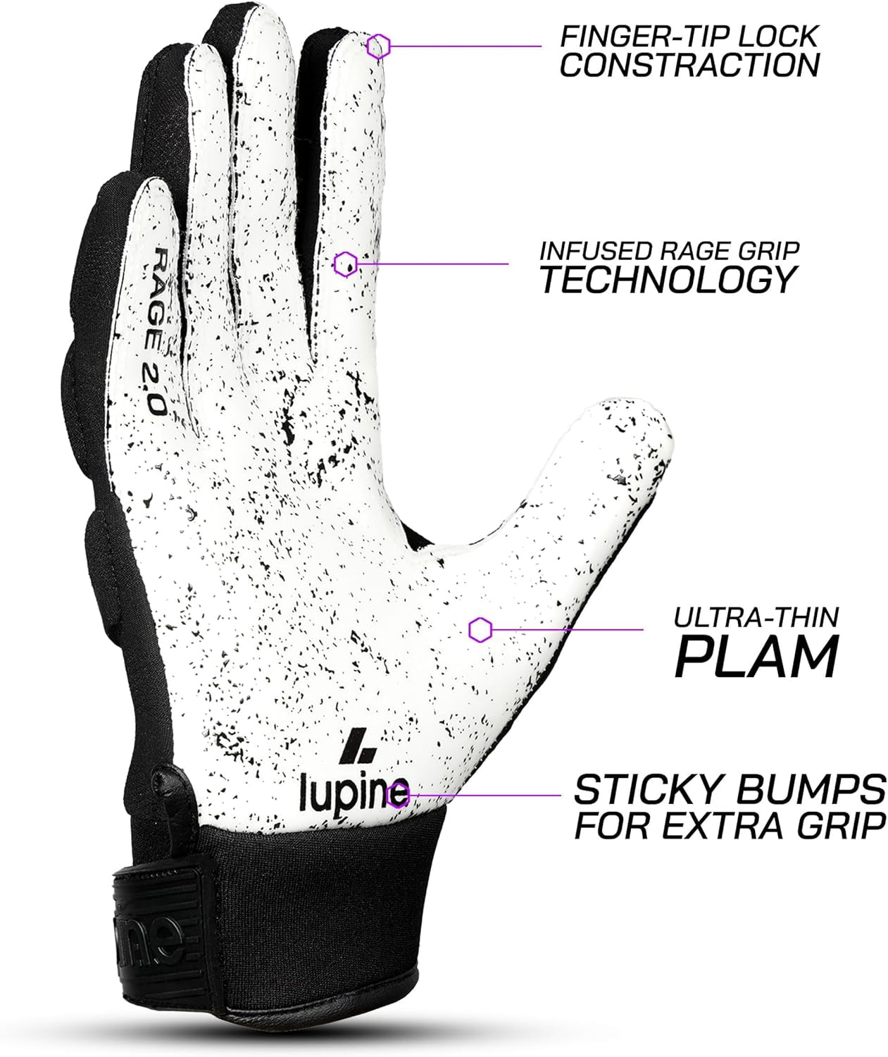 Lupine Rage R2 Youth Football Gloves – Padded Receiver & Lineman, Ultra Sticky Grip, Machine Washable, Boys & Girls, White Youth M-L