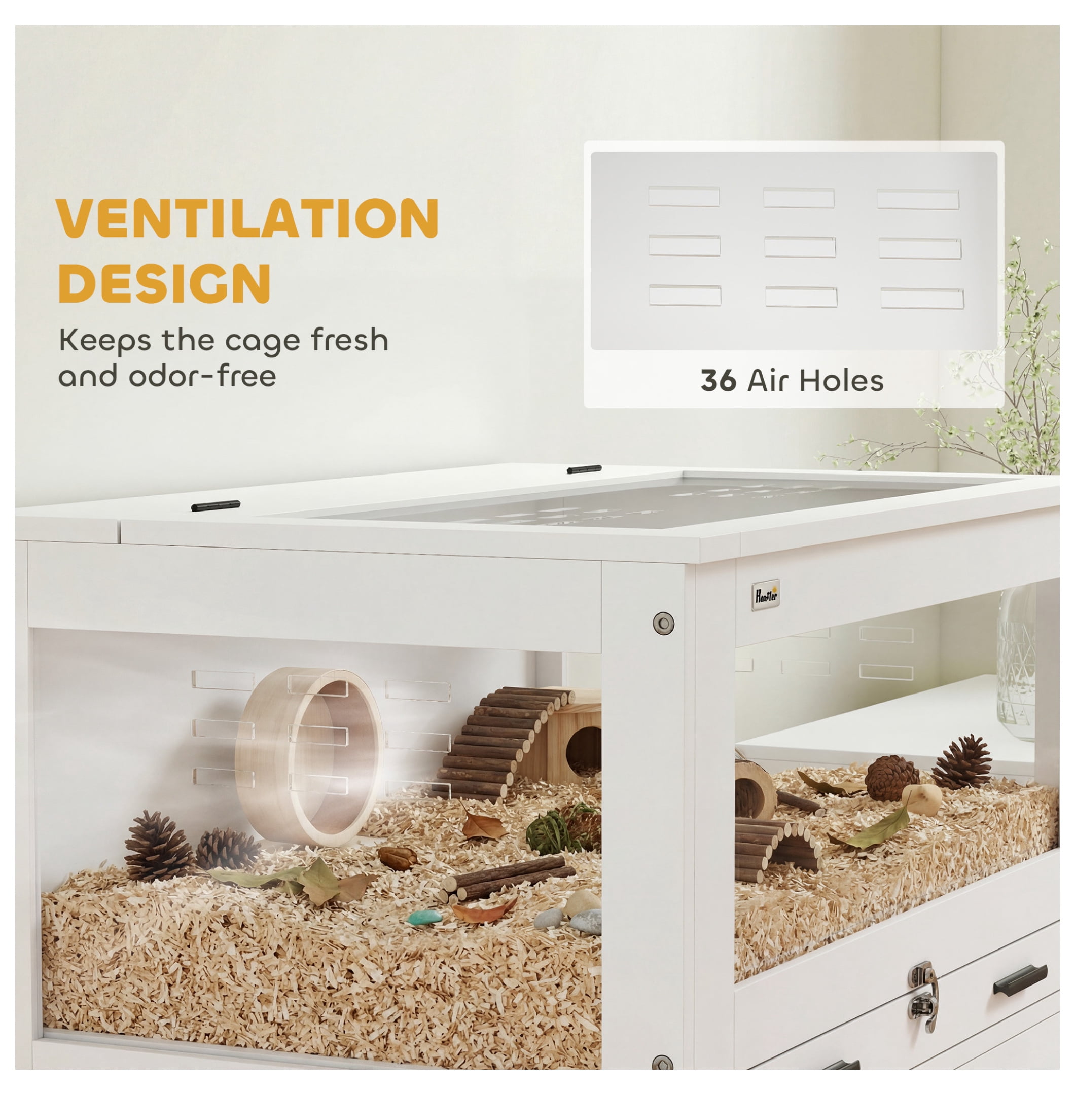 Hamster Cage with Storage, Small Animal Cage with Pull Out Drawer & Acrylic Panels, 30" x 19.5" x 36" White