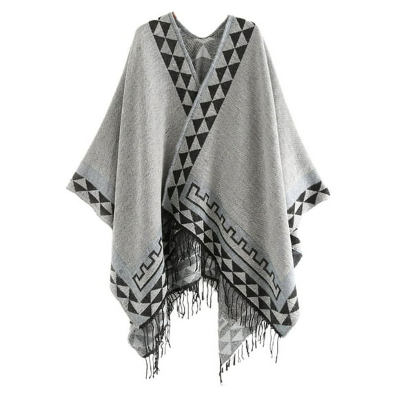 GENEMA Women Winter Tassel Poncho Cape Vintage Colorful Geometric Striped Pattern Blanket Shawl Wrap Open Front Cardigan Coat