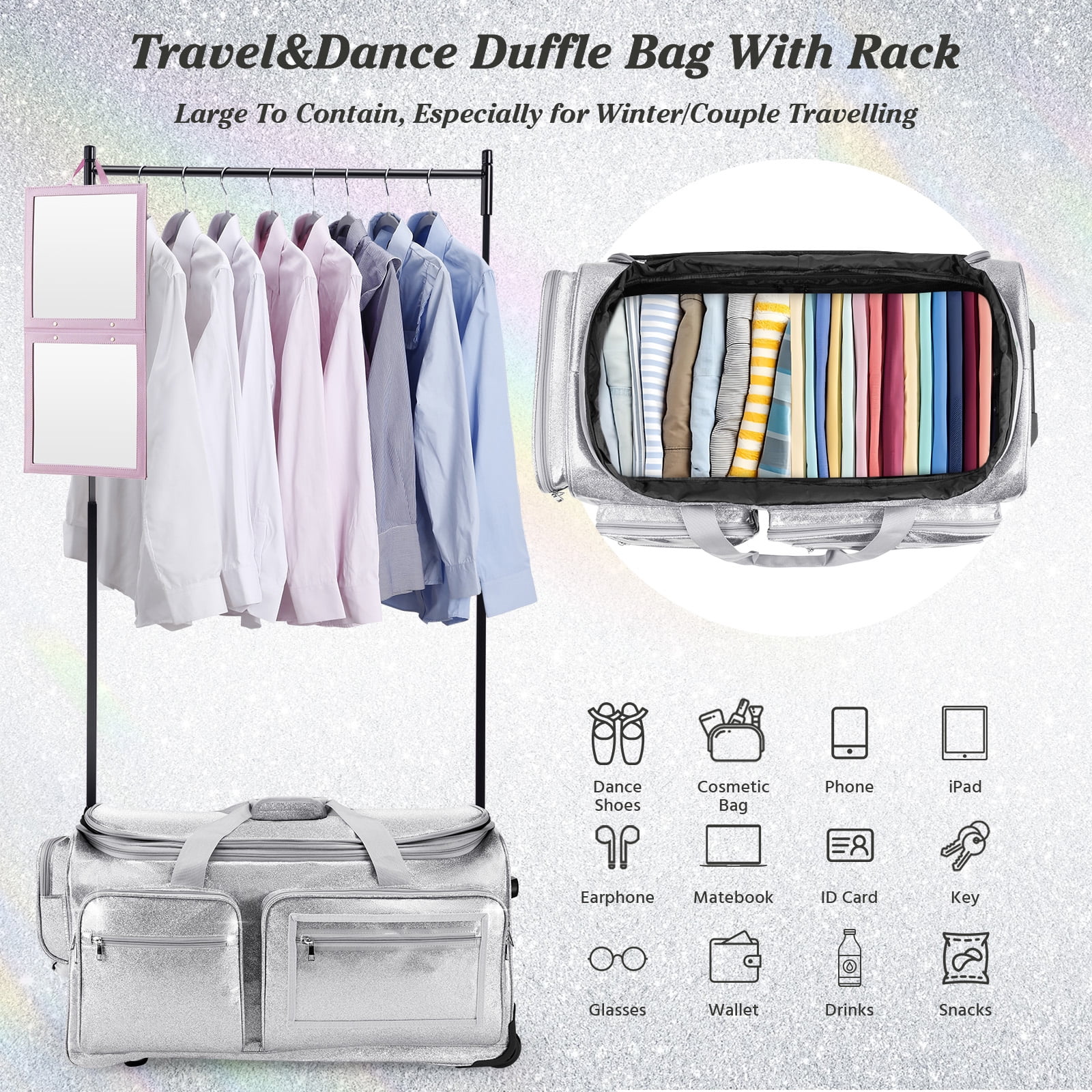 Dance Bag with Garment Rack, Glitter Silver 28" Dance Competition Must Haves Garment Bags for Travel, Costumes Rolling Garment Bag For Travel Collapsible Suitcase for Dancers Performers Recital