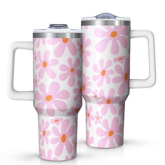 40oz Tumbler with Handle and Straw, Vacuum Insulated Stainless Steel Travel Mug, Fits Car Cup Holder, Daisy Floral Print