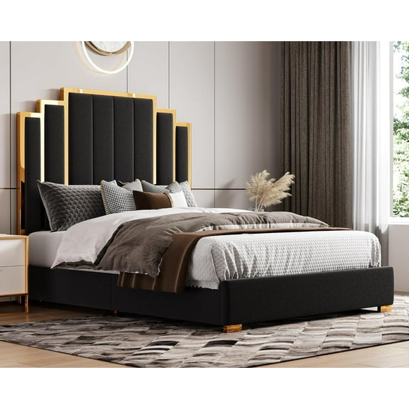 PLAUIN Upholstered Queen Bed Frame with 61" Headboard, Golden Plating Trim, Black