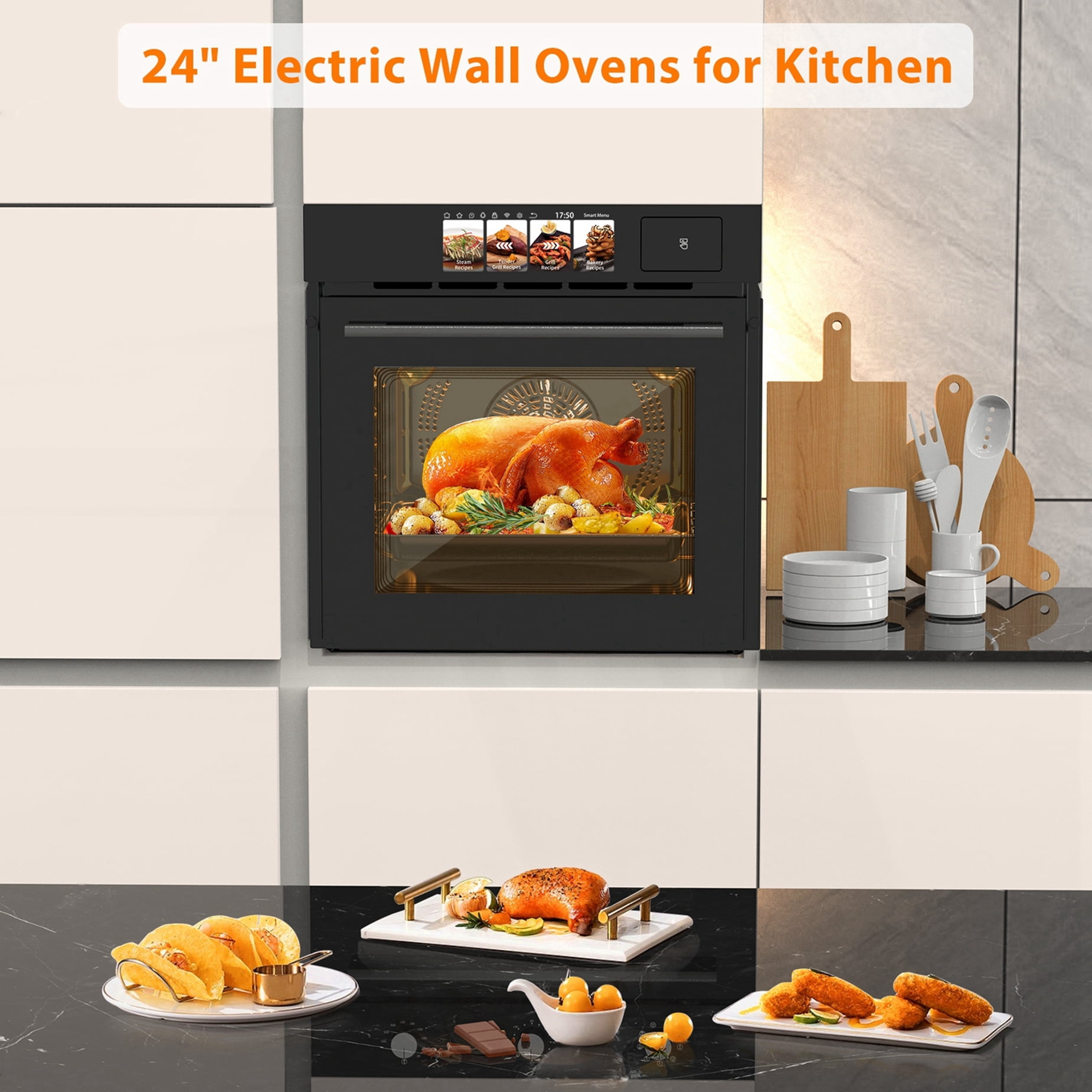 Aoile Single Wall Oven 24" with 2.5 Cu.Ft. Capacity, 3000W Built-in Electric Oven with 4 Cooking Functions & 108 Automatic Recipes