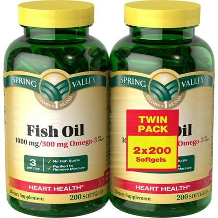 Spring Valley Omega-3 Fish Oil Softgels, 1000 Mg, 100 Ct, 2 Pack