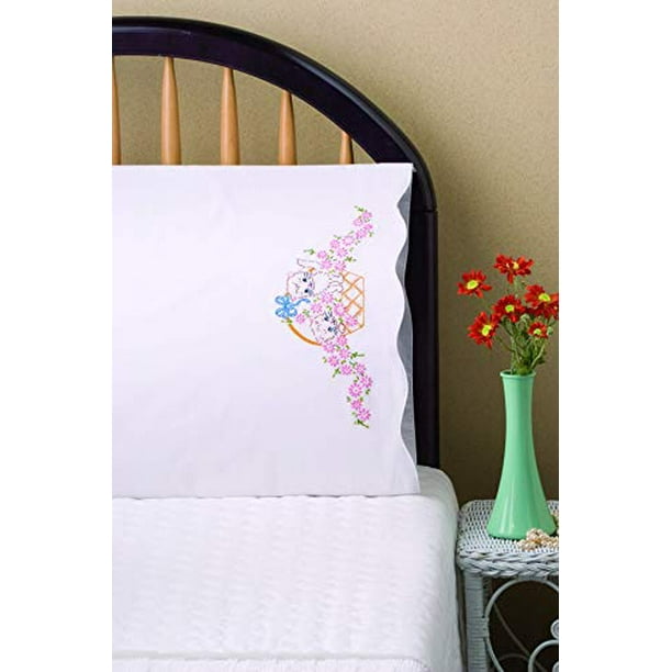 Design Works Crafts Tobin Stamped Pillowcases, Kittens in Basket, 20" x