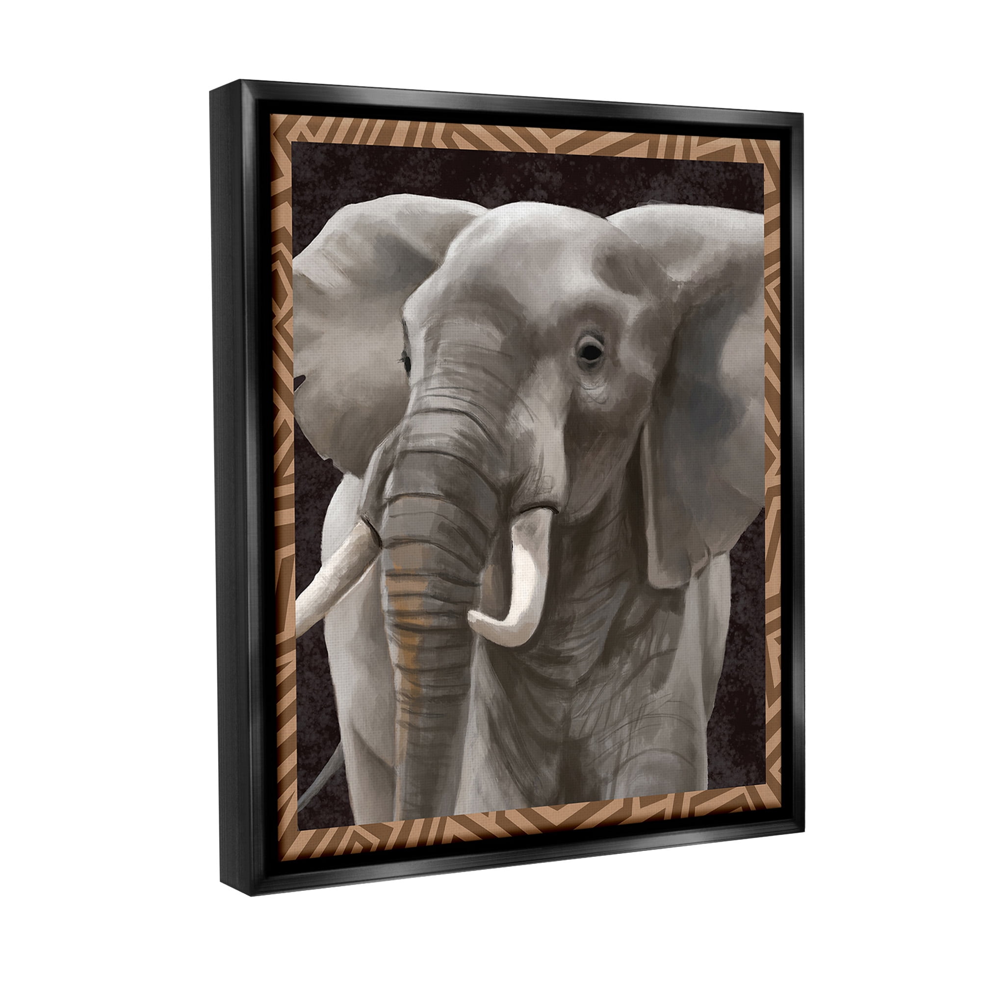 Stupell Industries Elephant with Geometric Border Animals & Insects Painting Black Floater Framed Canvas Art Print Wall Art, 17 x 21