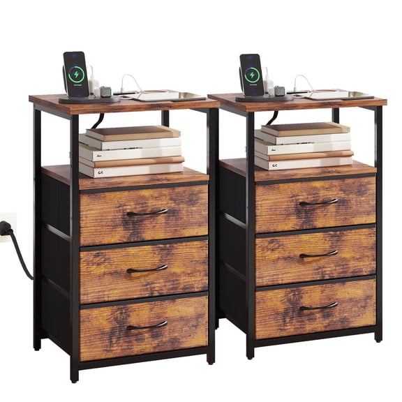 Tomnk 2 set Nightstand with Charging Station, Bedside Table with USB Ports and Outlet, End Table Side Table with 3 Fabric Drawers and Storage Shelf, Bed Side Table for Bedroom, Brown