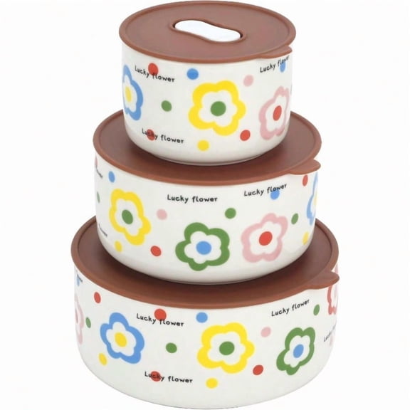 Set Of 3 Ceramic Nesting Serving Mixing Bowls With Airtight Lids, Stackable Food Storage Bowls 24/15/8 Oz, Microwave & Dishwasher For Meal Prep Soup Cereal Picnic