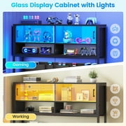 SEDETA L Shaped Gaming Desk, Home Office Computer Desk with 2 Drawer and Bookshelf, L Shaped Gaming Desk with LED Light, Glass Cabinet and Storage Bag, Corner Desk with Storage Shelves, Black