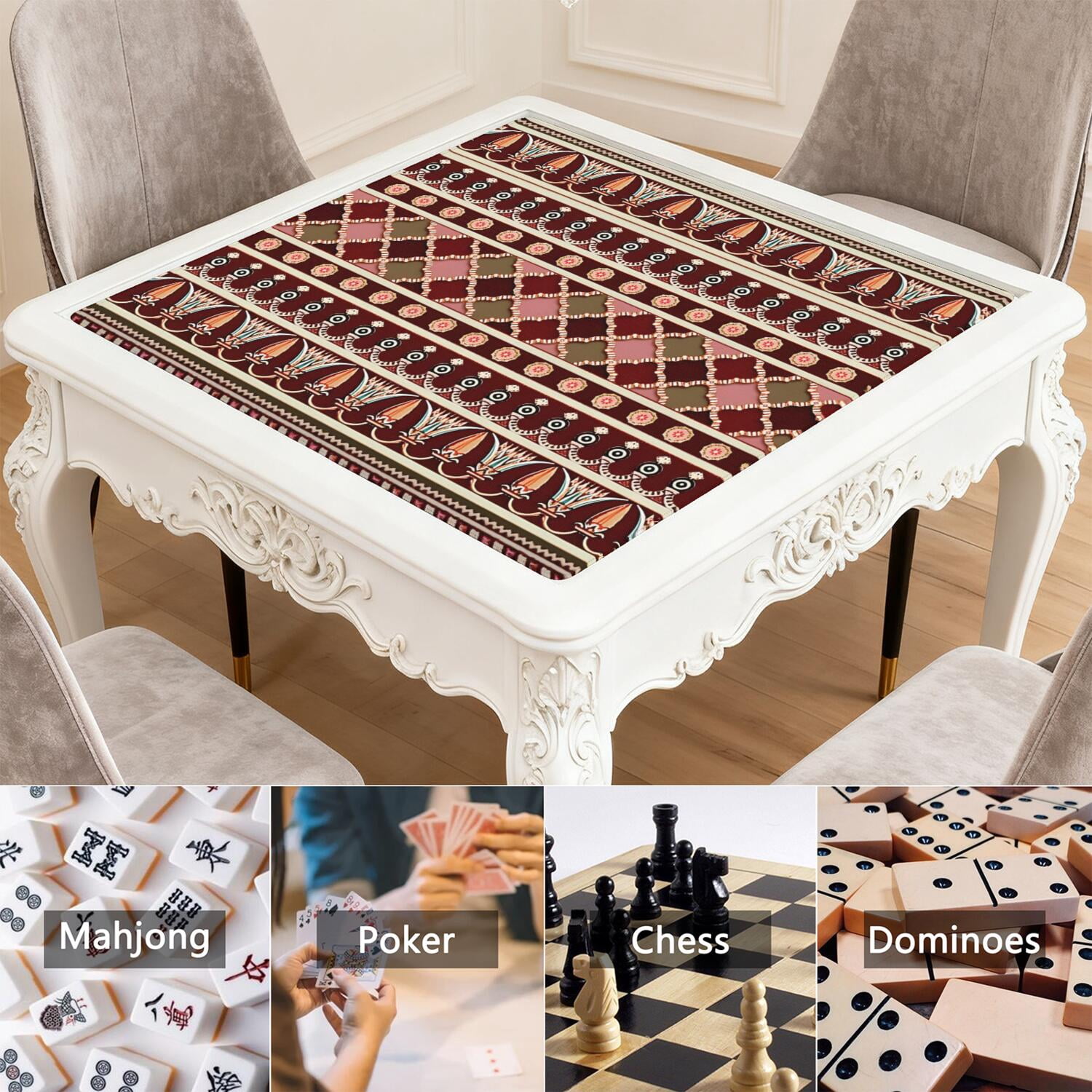 Extra Large Boho Pattern Anti-Slip Playing Surface 31.5 Inch Square Rubber Mahjong Mat with Noise Reduction for Chinese Tiles and Family Game Nights