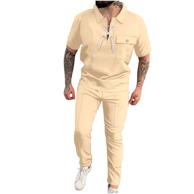Conjunto Corto de Hombres 2 Piezas Trajes de Moda Color Sólido Manga Corta Turndown Collar Conjunto, Traje de Ocio con Cordón de Bolsillo