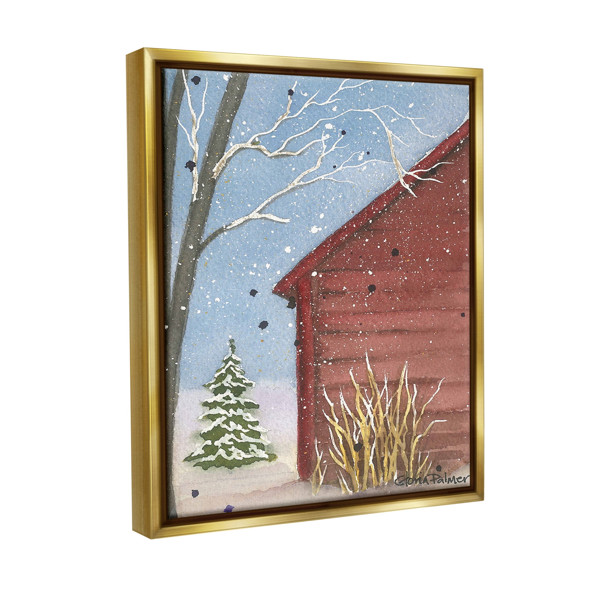 Stupell Industries Winter Snowy Cabin Holiday Painting Gold Floater Framed Canvas Art Print Wall Art, 17 x 21