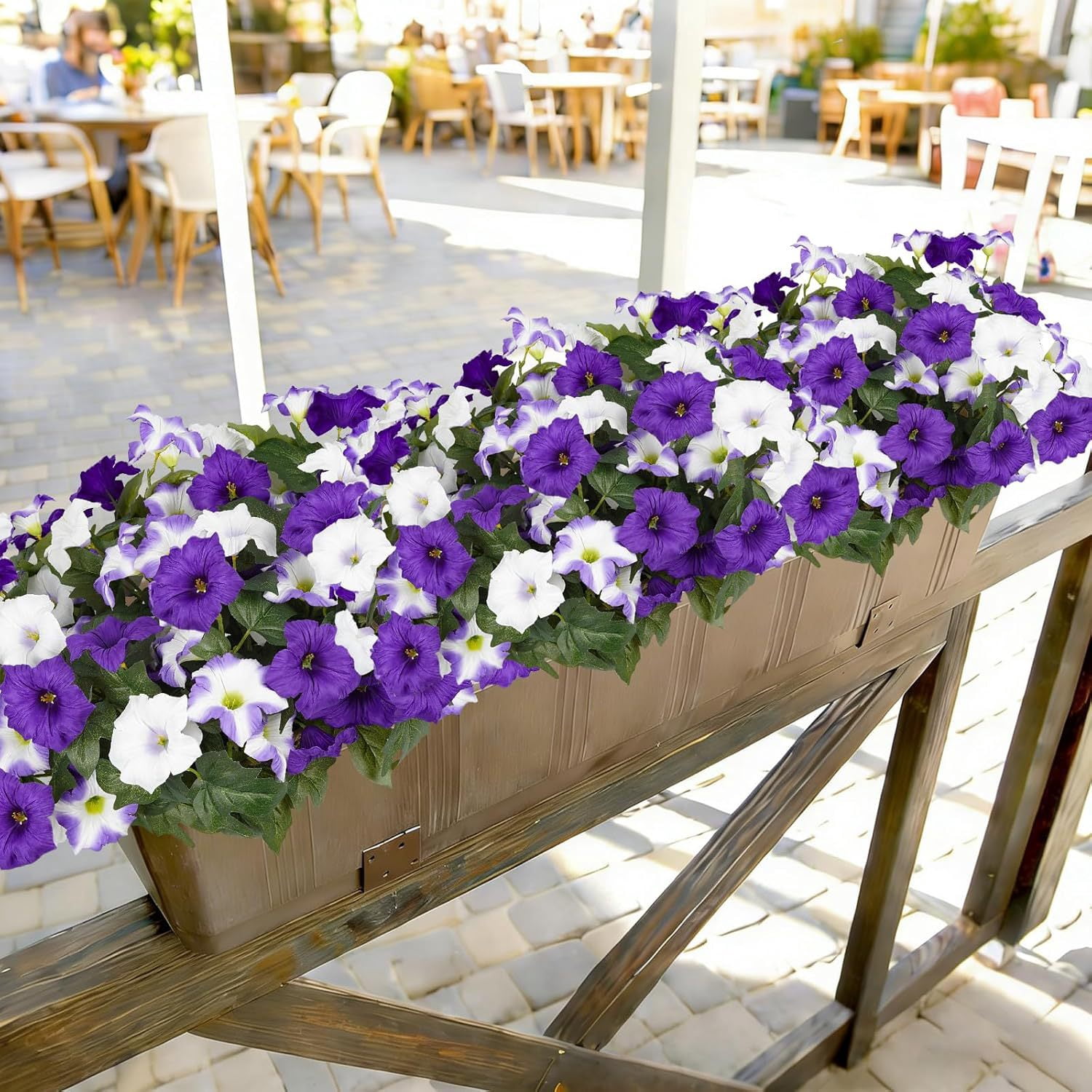 Artificial Flowers for Outdoors, 5 Bundles Realistic Fake Outdoor Flowers, UV Resistant Silk Petunia Flower for Outside Look Real Faux Flower Plants for Outdoor Porch Decor, Purple White
