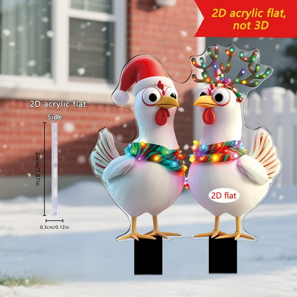 Seyotauo Christmas Chicken Outdoor Decorations, 2D Flat Christmas Yard Sign with Stakes, Chicken Animal Garden Stakes Yard Art for Ground Yard Lawn Porch Sidewalk Xmas Winter Holiday Decorations