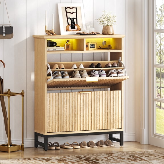 Fluted Shoe Storage Cabinet with 2 Flip Drawers, Slim Freestanding Shoe Organizer with Open Shelf and LED Light for Entryway or Hallway