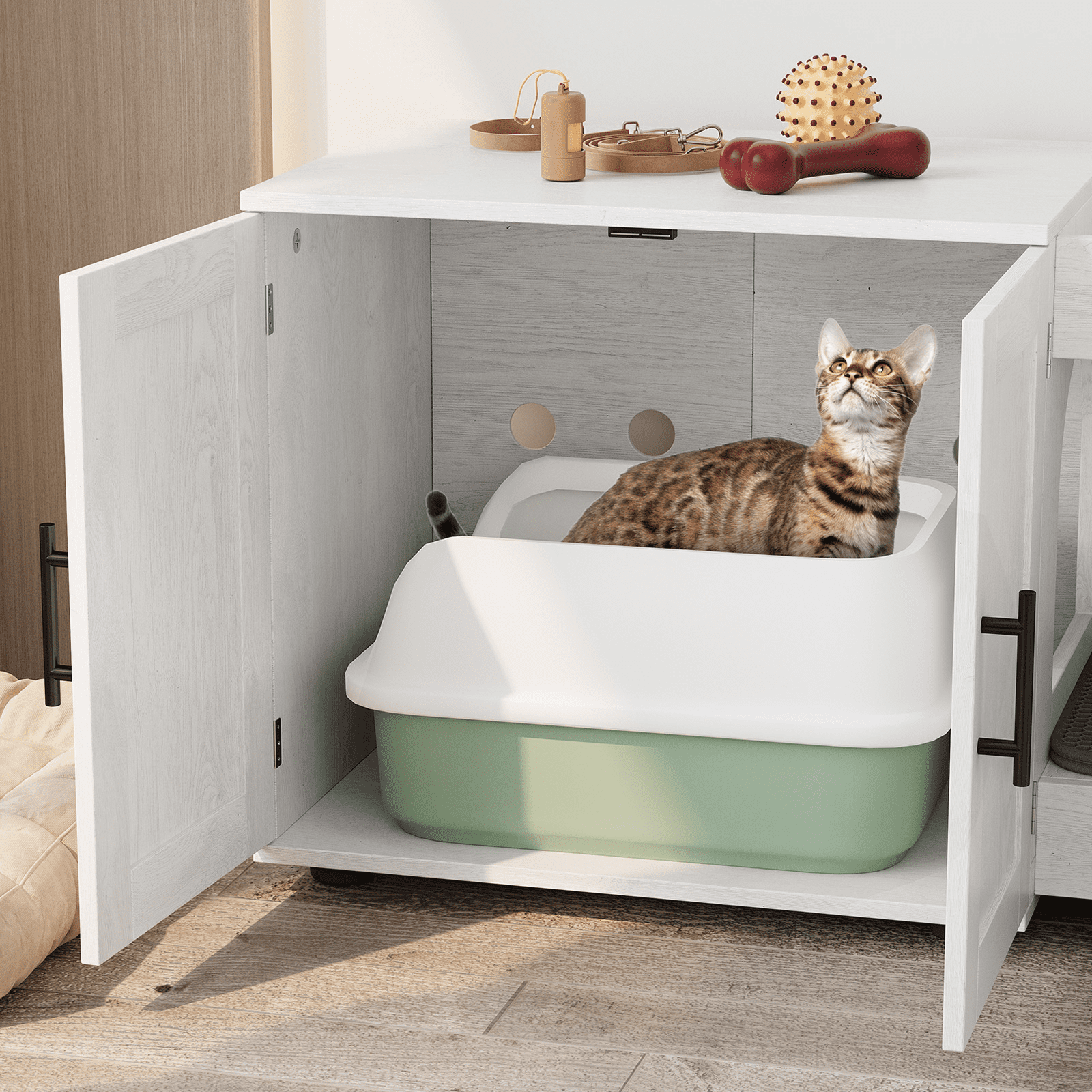 3-in-1Cat Litter Box Enclosure, 55 Inch Large Cat Box Enclosure with Double Rooms, Farmhouse Wooden Cat Washroom, Hidden Litter Box Furniture for Bedroom Living Room