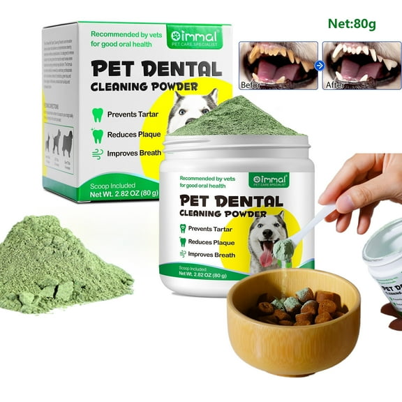 Oimmal Dog Dental Powder Fight Dog Bad Breath Natural Dog Tooth Powder with Green Tea, Support for Fresh Breath, Plaque & Tartar Removal, Easy Pet Teeth Cleaning 2.82 oz/80g