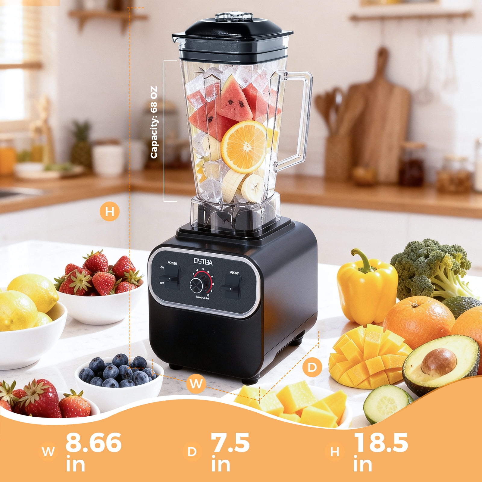OSTBA Blender for Smoothies, Commercial 10-Speed Control Blenders for Kitchen, 68Oz Large Capacity and BPA-Free Pitcher, 1600W Countertop Blenders for Ice Crushing, Frozen Drinks, Puree & Grinding
