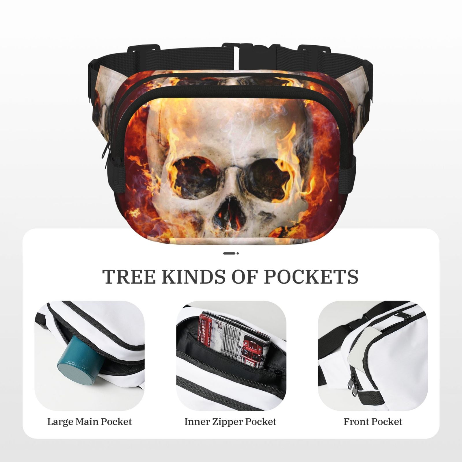 Picia Satanic Skull Print Square Double-Layer Waist Bag Mini Adjustable Waist Belt Bag Exercise Running Travel Hiking