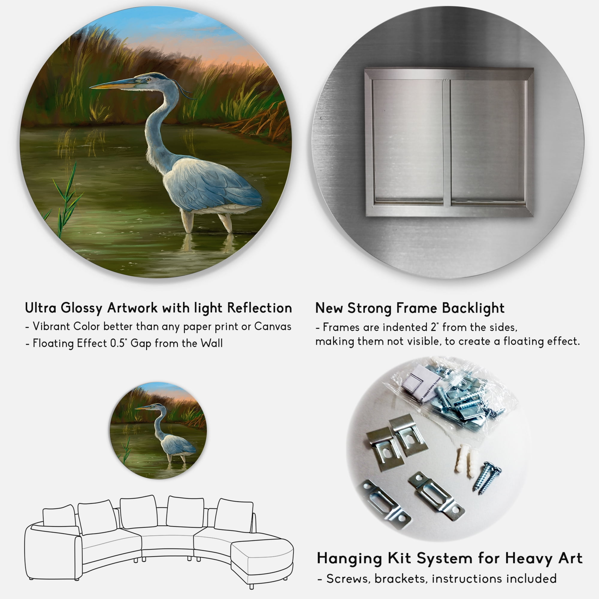 Designart 'Blue Heron Wetland Bird on The Lake Shore' Traditional Circle Metal Wall Art 11x11 - Disc of 11