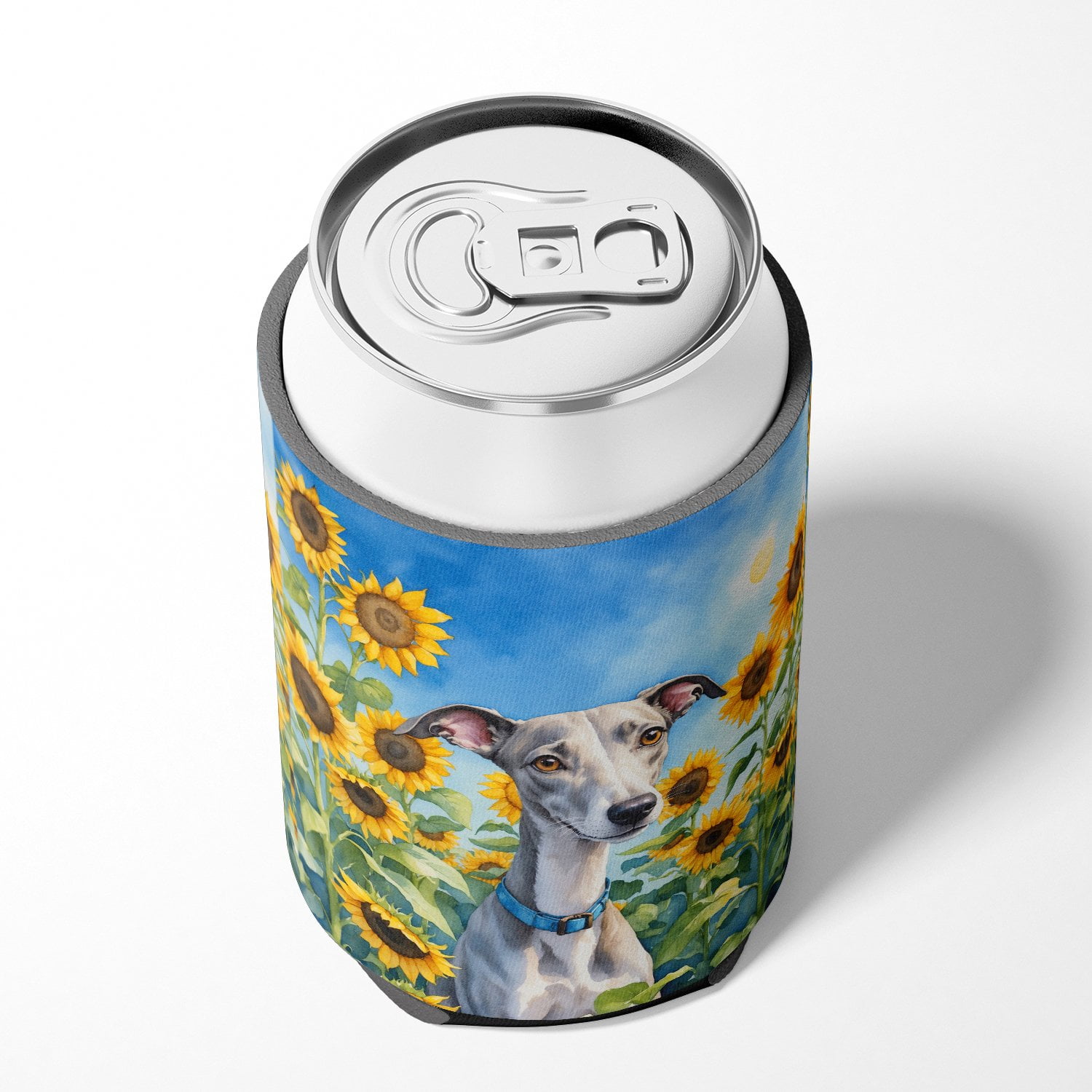 Whippet in Sunflowers Can or Bottle Hugger 3 in x 5 in