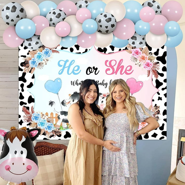 Cow Gender Reveal Decorations - Blue and Pink Cow Balloons Garland Kit with  Cow Baby Shower Backdrop, Cow Print Foil Balloon for Cow Theme Gender
