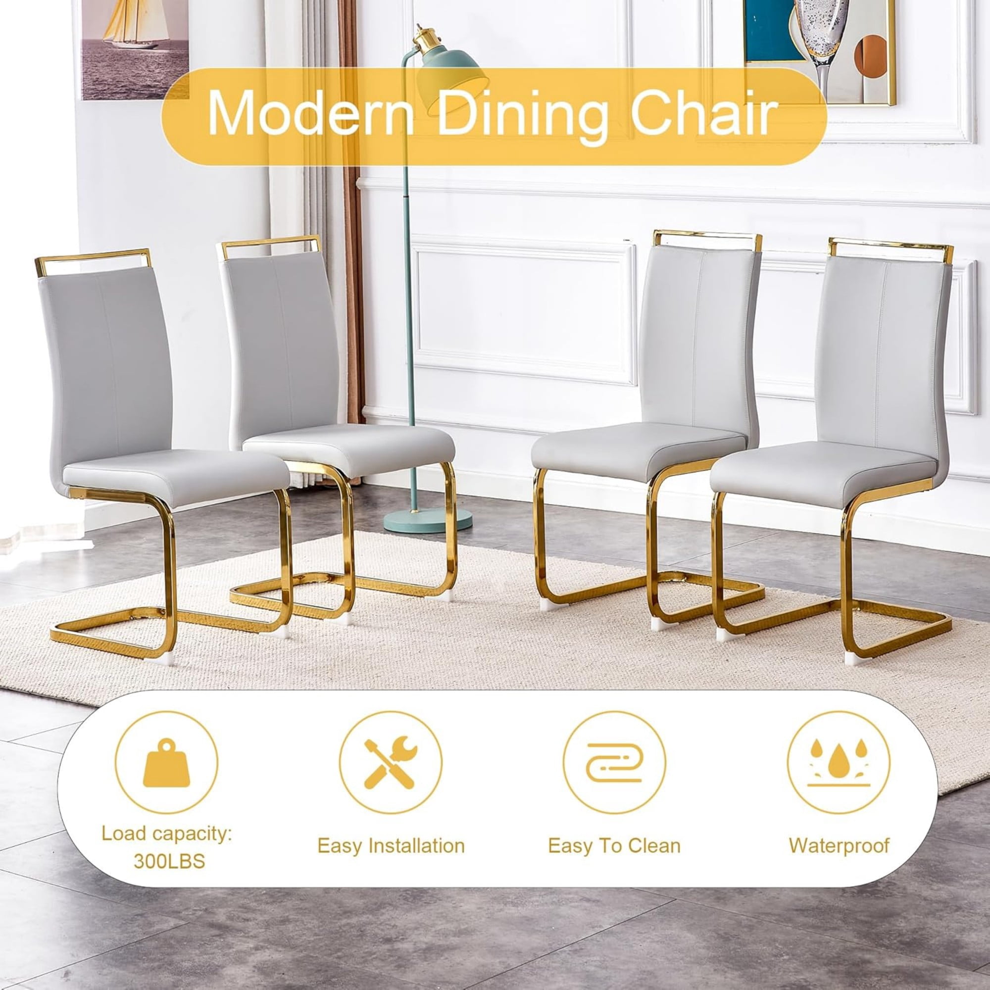 SUDICA Modern Light Grey Faux Leather Dining Chairs Set of 4, High Back Upholstered Seats with Gold Metal Legs for Dining Room