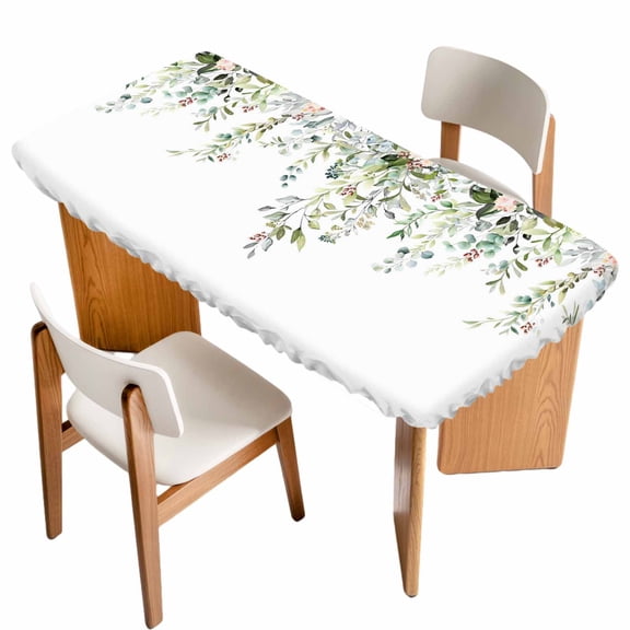 Sage Green Eucalyptus Table Cloths for 4 Foot Rectangle Tables, Pink Floral Buds Summer Pastoral Patio Waterproof Elastic Fitted Tablecloths, Washable Rectangular Table Cover for Camping