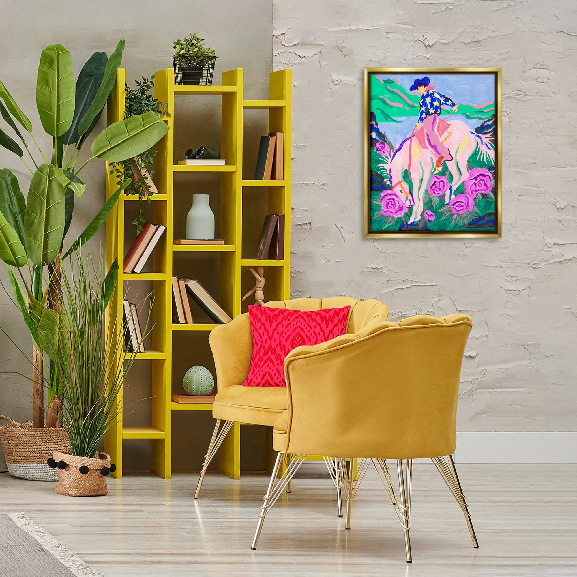 Stupell Industries Bright Cowboy & Blooms Animals Painting Gold Floater Framed Canvas Art Print Wall Art, 17 x 21