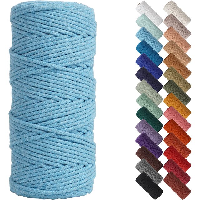 HSHDLDF Sky Blue Macrame Cord 3mm x 109yards, Colored Macrame Rope, 3 Strand Twisted Cotton Rope Macrame Yarn, Colorful Cotton Craft Cord for Wall Hanging, Plant Hangers, Crafts, Knitting