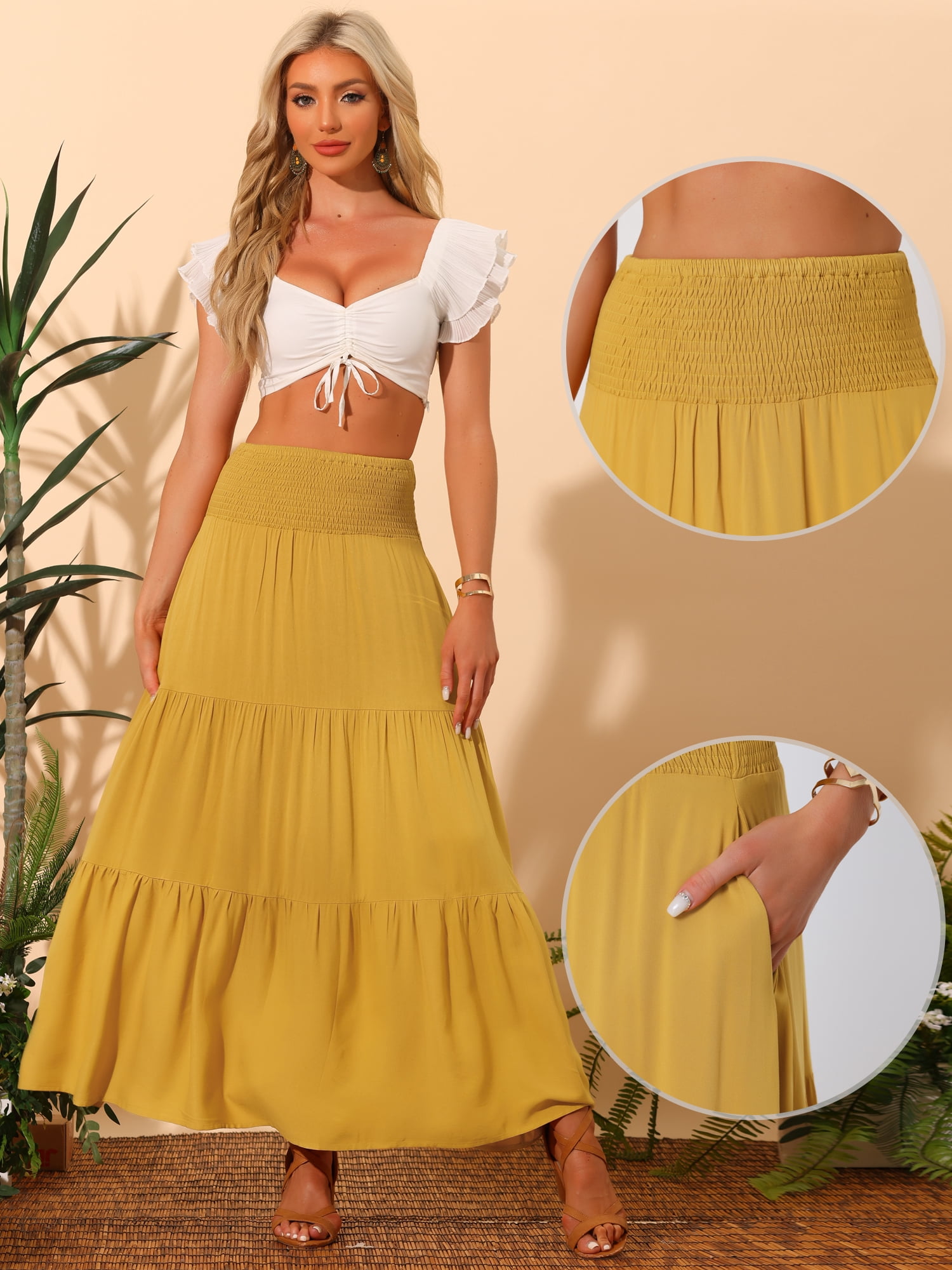 DARING DIVA Women Casual Elastic Waist Flowy Boho Summer Maxi Skirt L Yellow