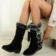 thumbnail image 2 of Women's Mid-Calf Boots Heel Plus Buckle Furry Warm Winter Fashion Boots Women's Belt Wedge Footwear, 2 of 4