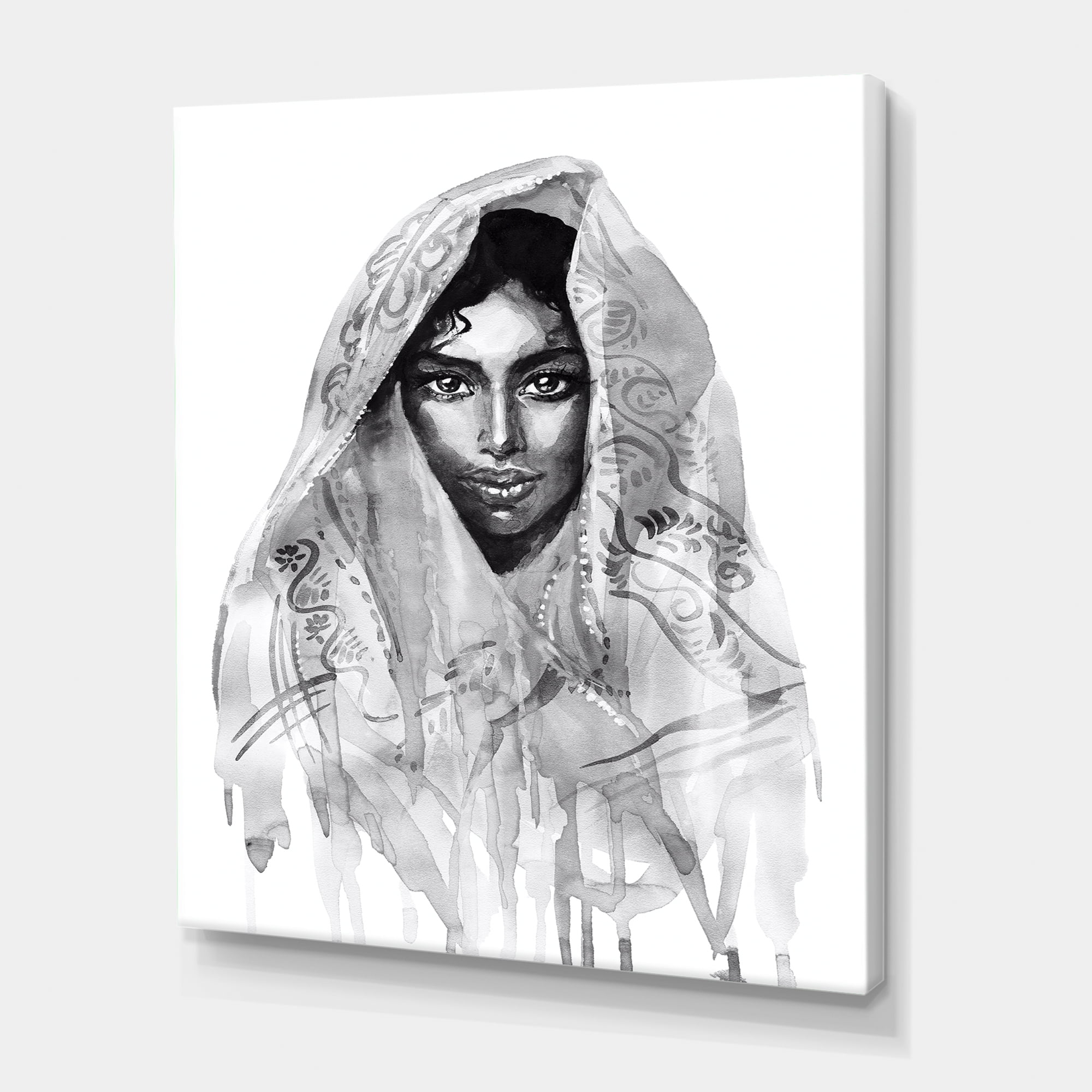 Designart ' Black and White Portrait of Young Indian Woman I ' Modern Canvas Wall Art Print