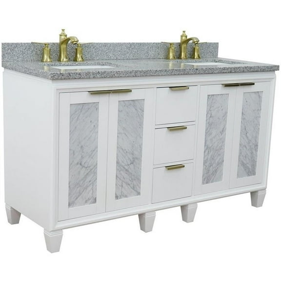 Trento Double Rectangle Sink Solid Wood Vanity in White/Gray Granite Stone