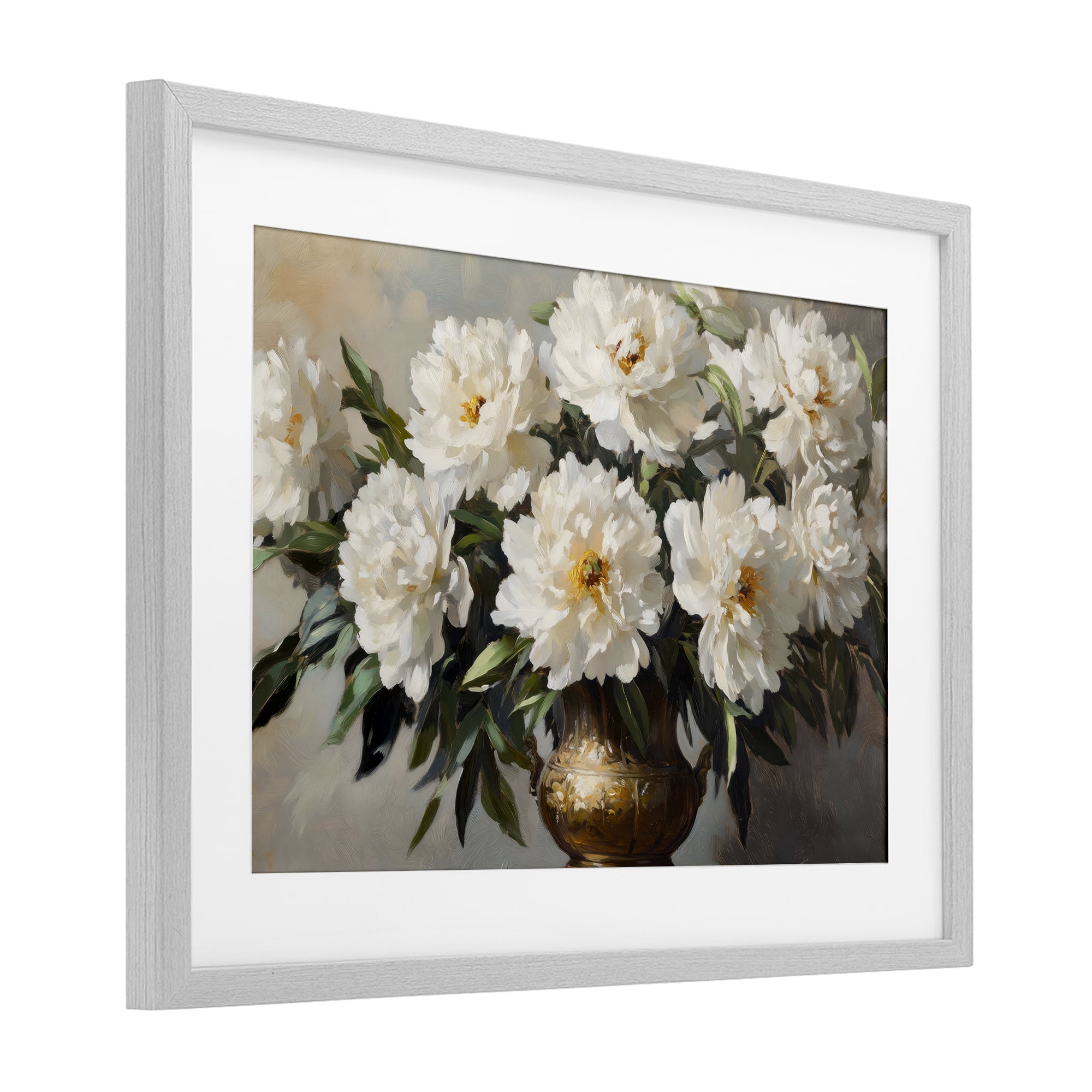 Stupell Industries Golden Vase with Peonies Gray Framed Print Under Glass, design by Petal Prints Design