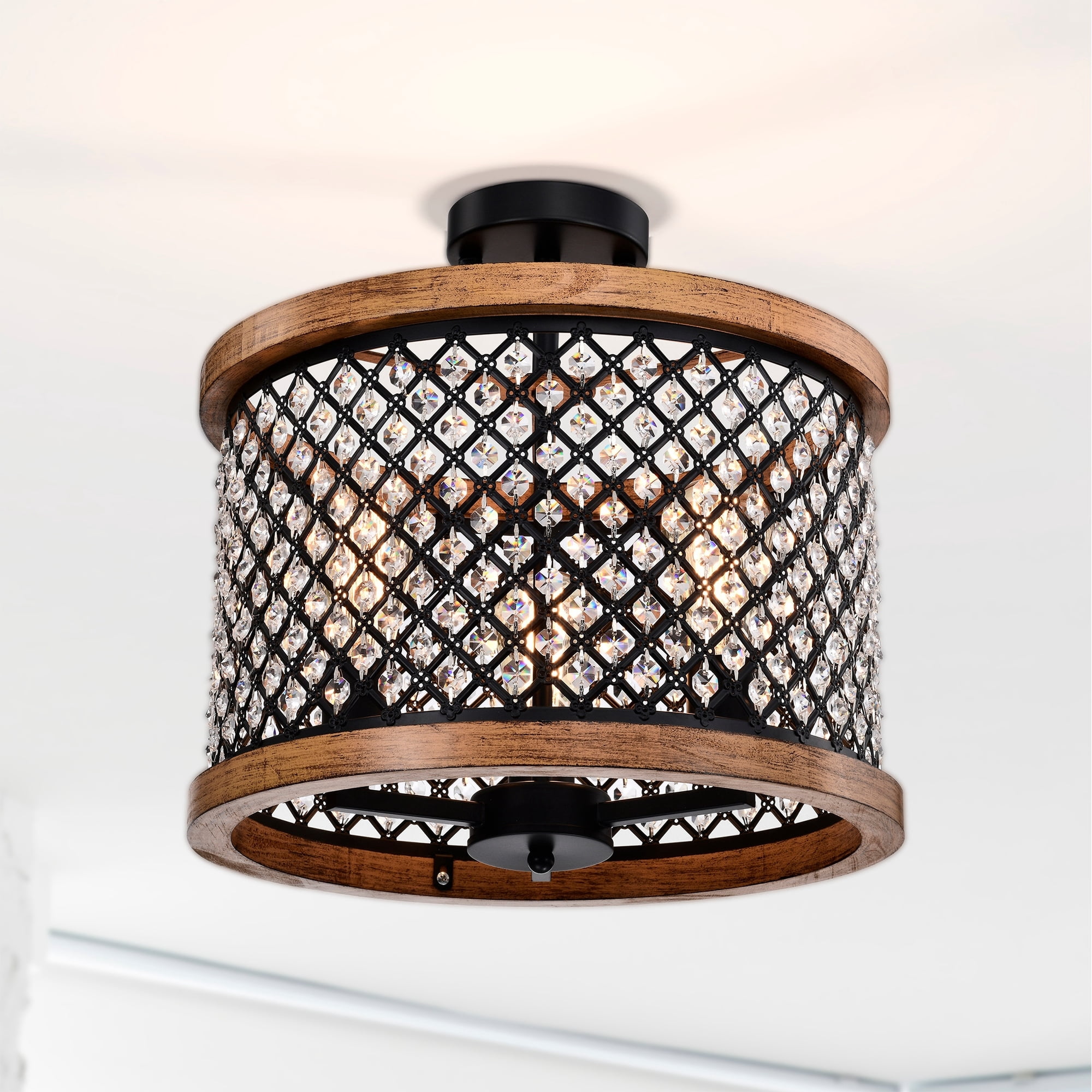 Amelia 16 in. 3-Light Indoor Chrome and Faux Wood Grain Finish Semi-Flush Mount Ceiling Light with Light Kit