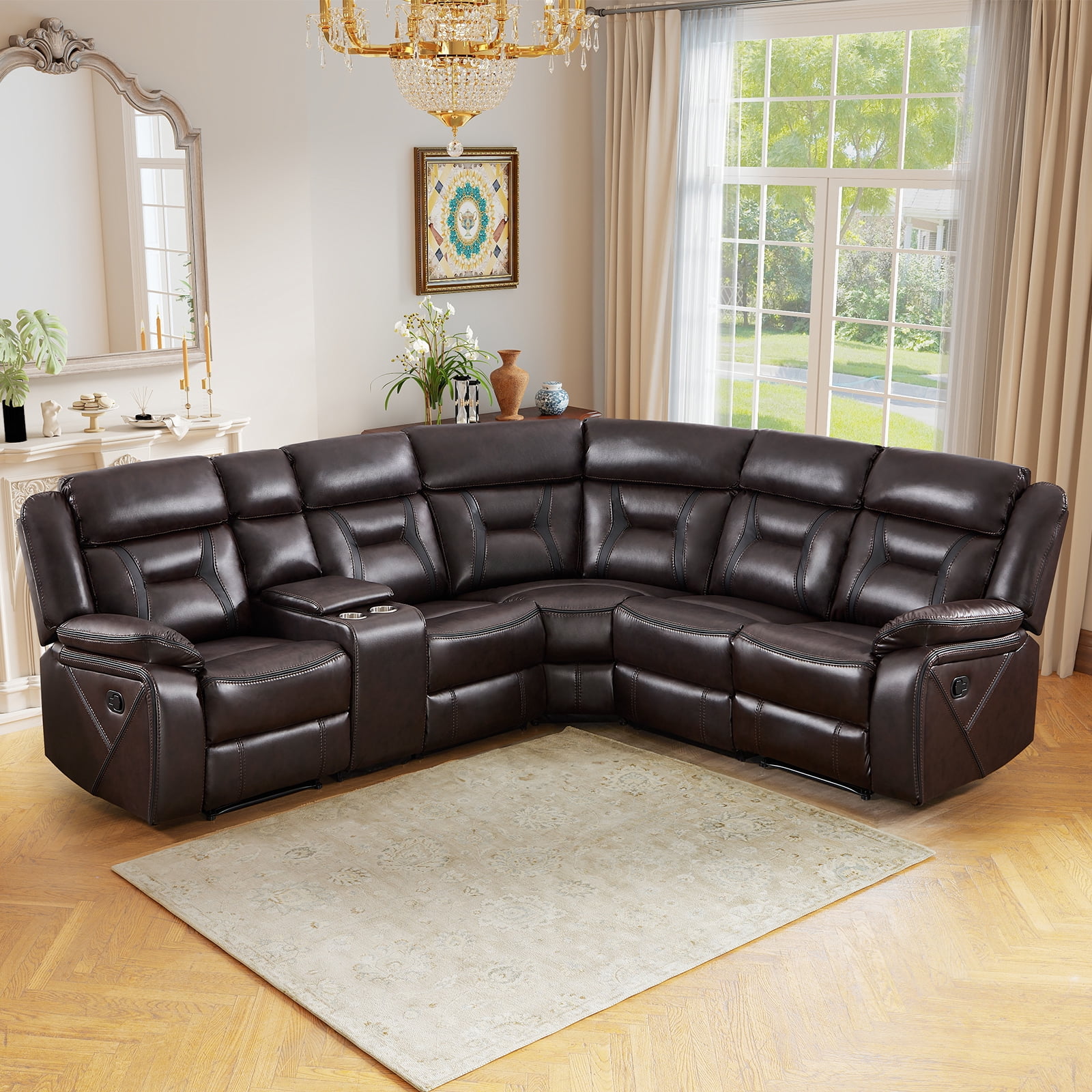 Bonzy Home 5‑Seat Reclining Chair Sofa with Center Console, Hidden Storage & Cup Holders Couch for Living Room & Meeting Room