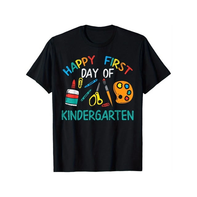 Camiseta "Feliz primer día de jardín de infantes" para niños pequeños: divertida camiseta de mezcla de algodón negra con un diseño divertido de temática escolar, perfecta para niños y niñas de 5 a 13