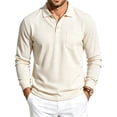 thumbnail image 2 of Mens Business Casual Golf Polo Top Solid Tone Waffle Knit Texture Chest Pocket Long Sleeve Shirt, 2 of 4