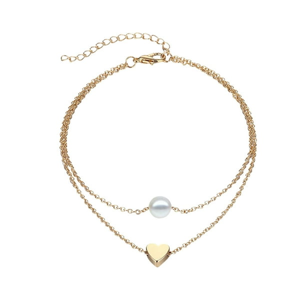 Tobilleras boho de doble capa para mujer con colgante de perlas en forma de corazón, cadenas para los pies y pulsera de playa con forma de corazón