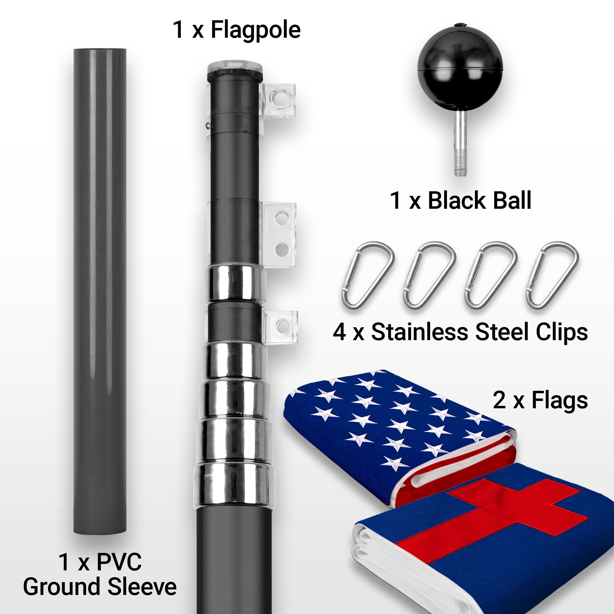 G128 Combo Pack: 25 Ft Telescoping Aluminum Flagpole (Black) & American and Christian Flags 3x5 Ft, Both StormFlyer Series Embroidered 220GSM Spun Polyester | Pole with Flags Included