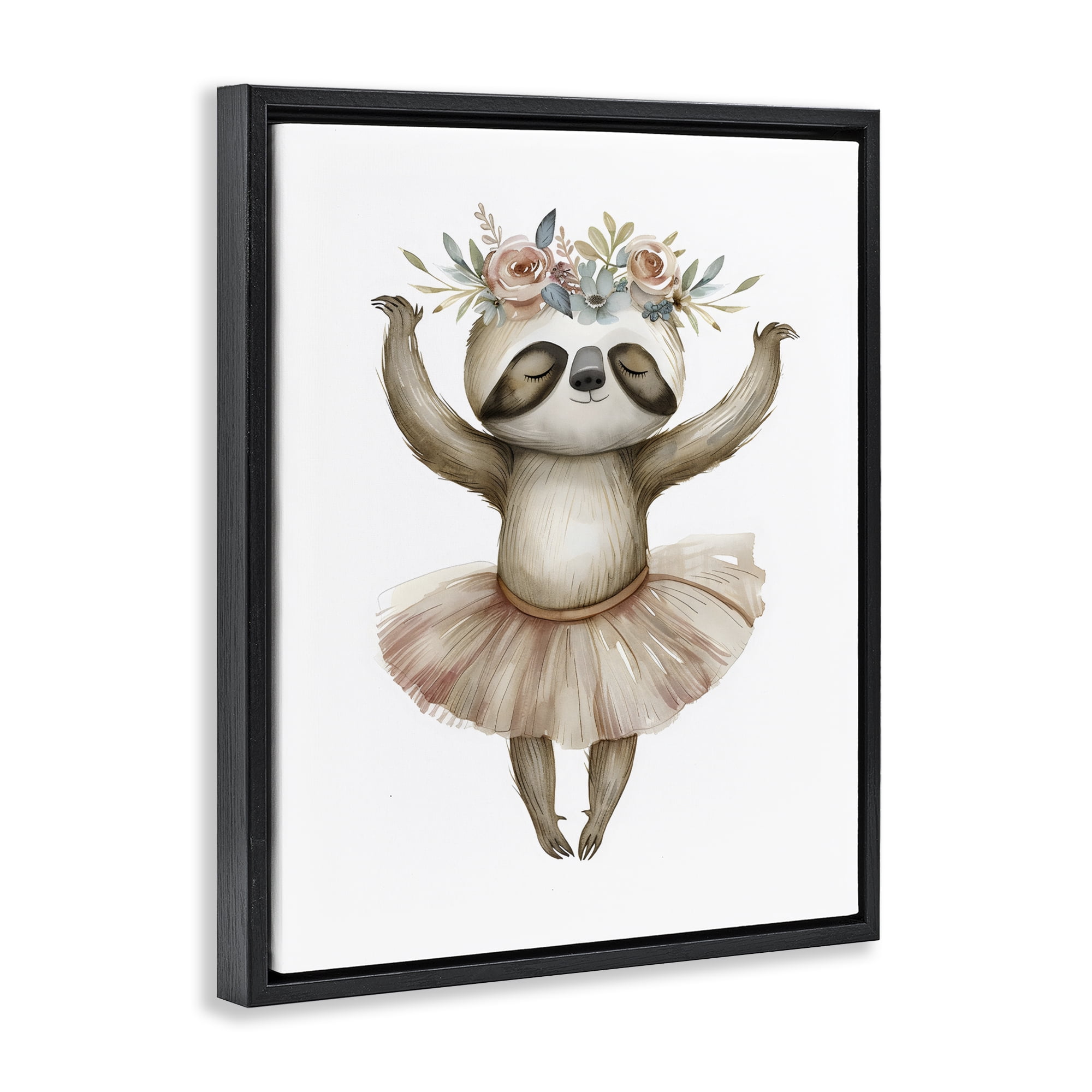 Stupell Industries Dreamy Sloth Ballet with Flowers Black Framed Floater Canvas Wall Art, design by LSR Design Studio