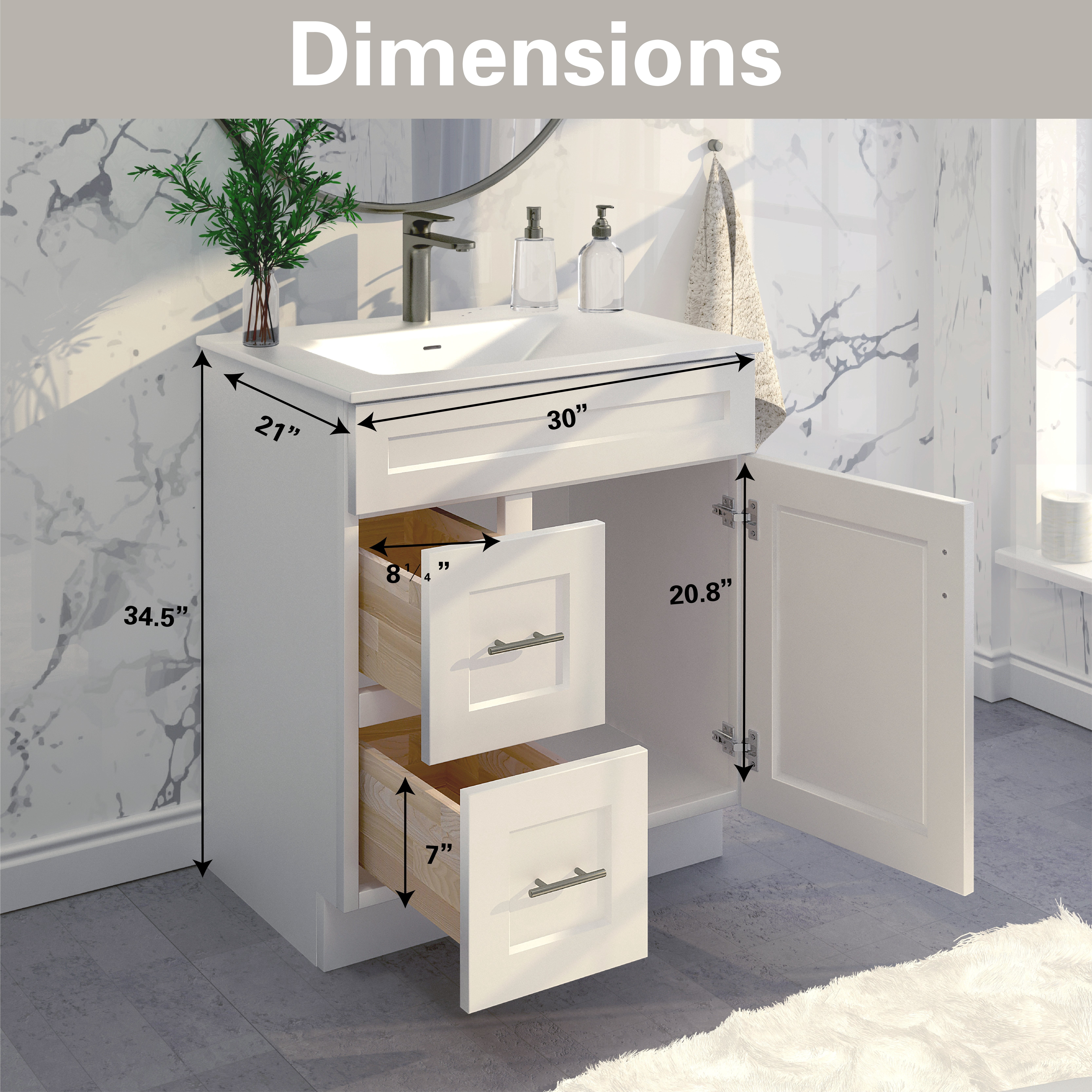 White Shaker Bathroom Vanity Sink Base with Drawers 30" Ready-to-Assemble Cabinet